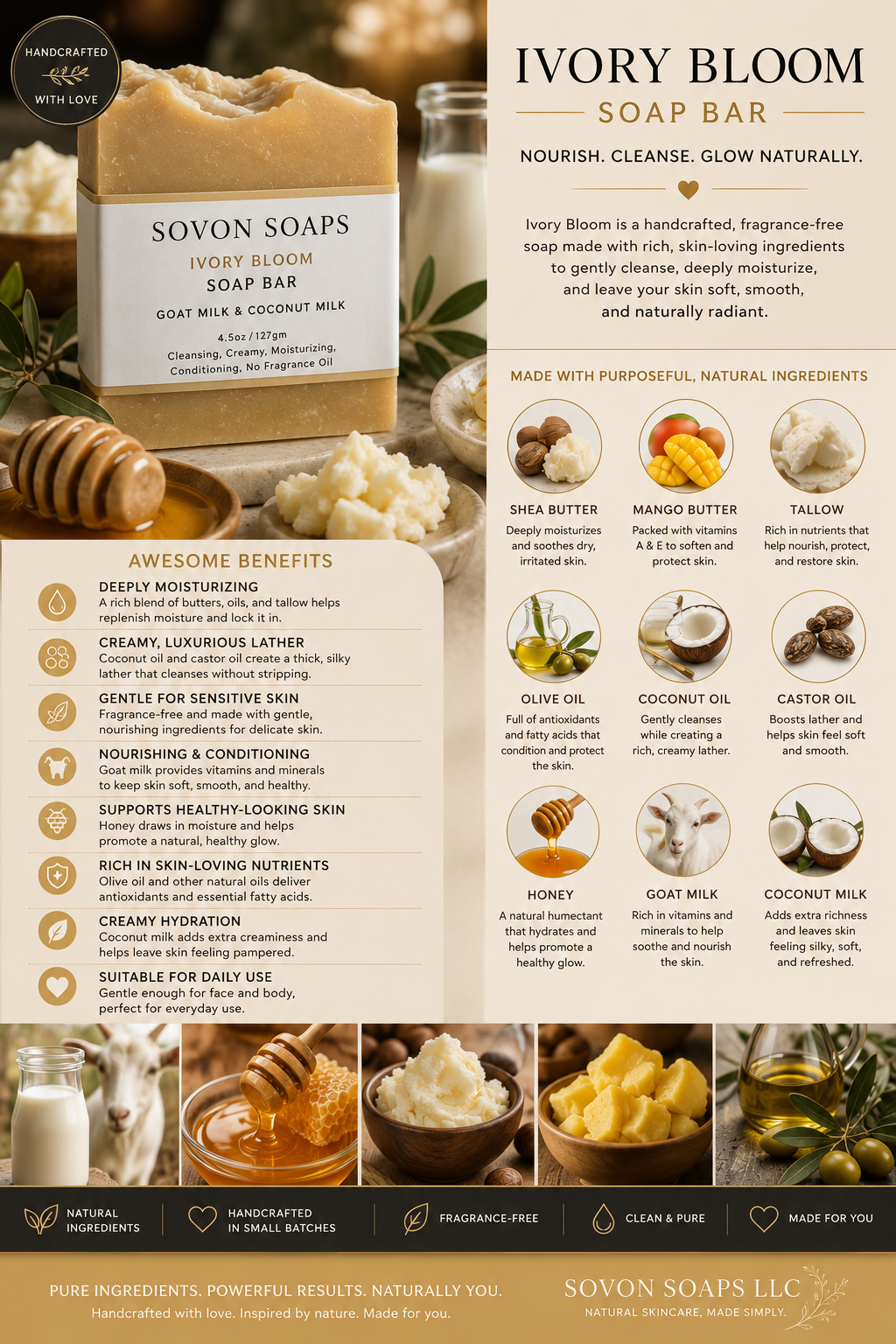 Ivory Bloom (Tallow, Goat & Coconut Milk)  Soap Bar